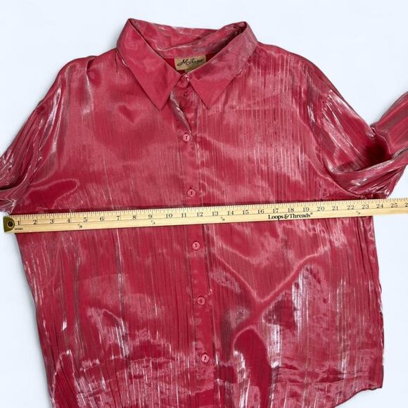 Vintage Milano Metallic Pink Crinkle Button Down Blouse XL Y2K Glam Party Top - Picture 6 of 10